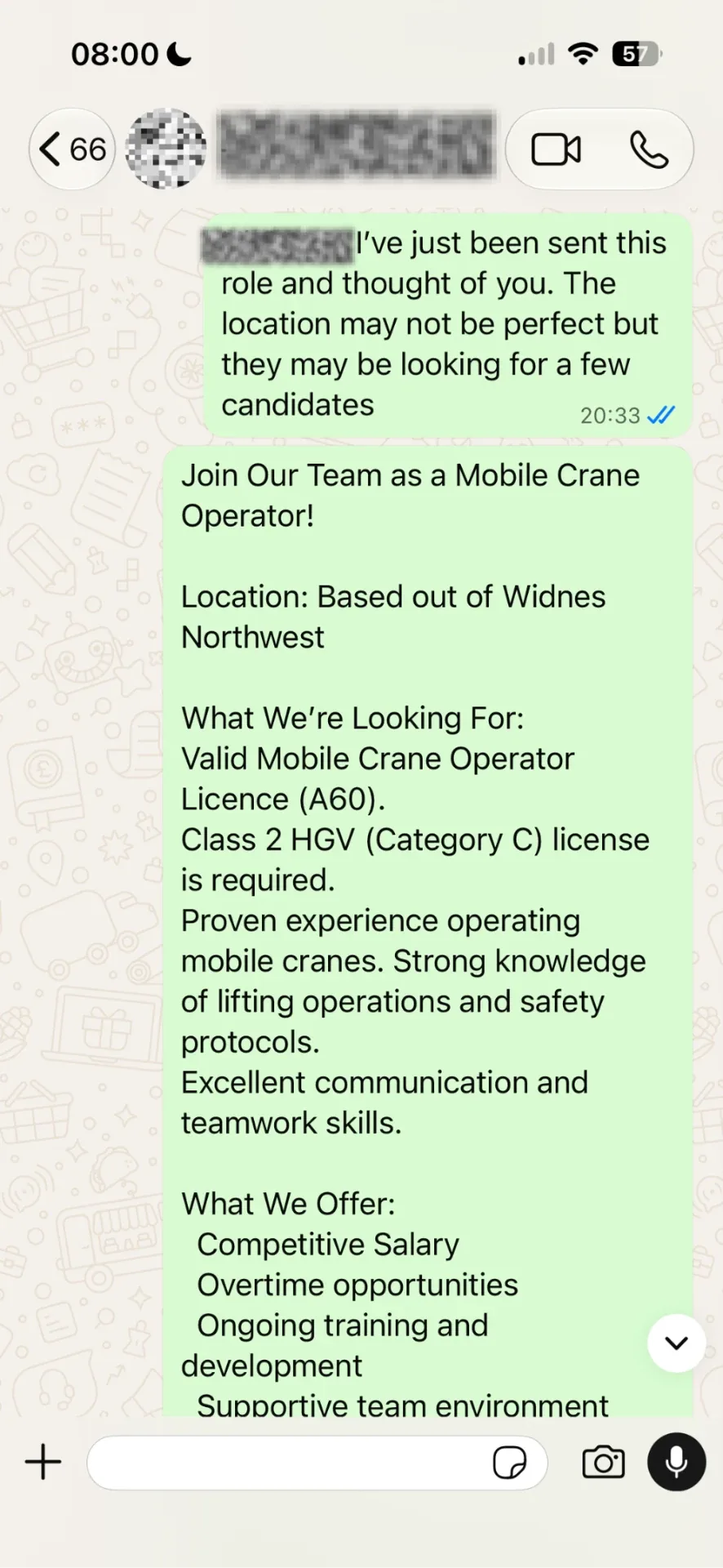WhatsApp message sharing a mobile crane operator role with a student