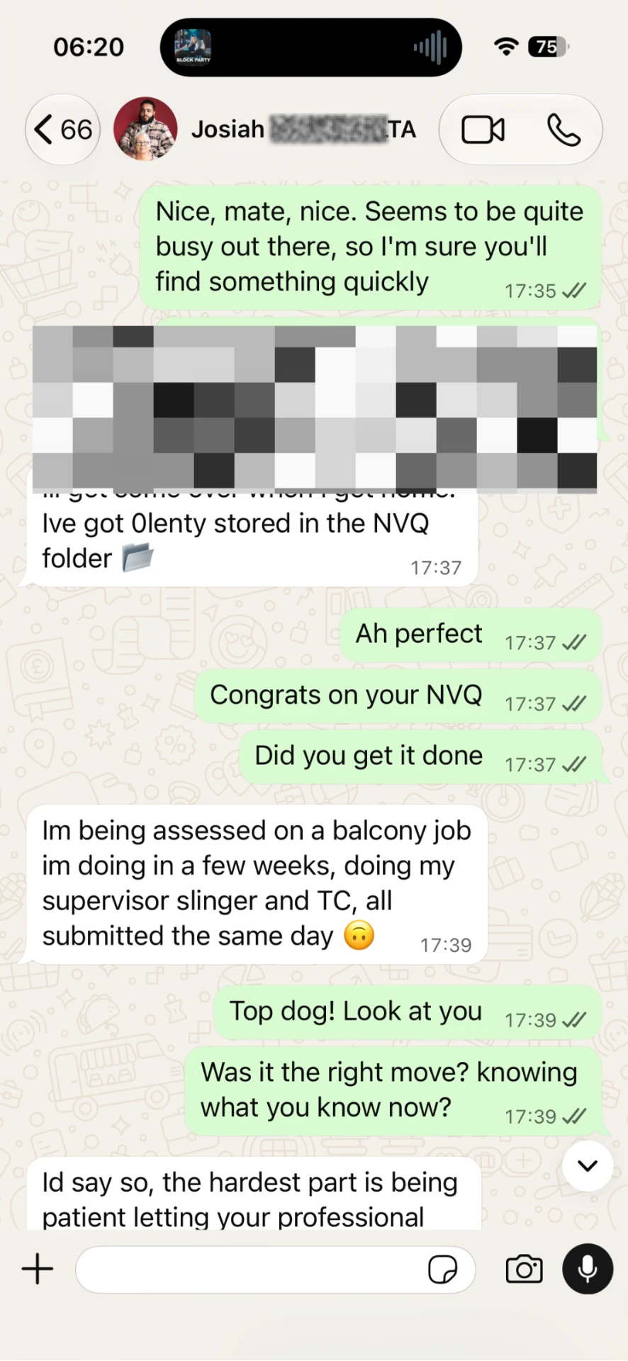 Continued conversation about finishing his NVQ and supervisor, slinger and tower crane assessments