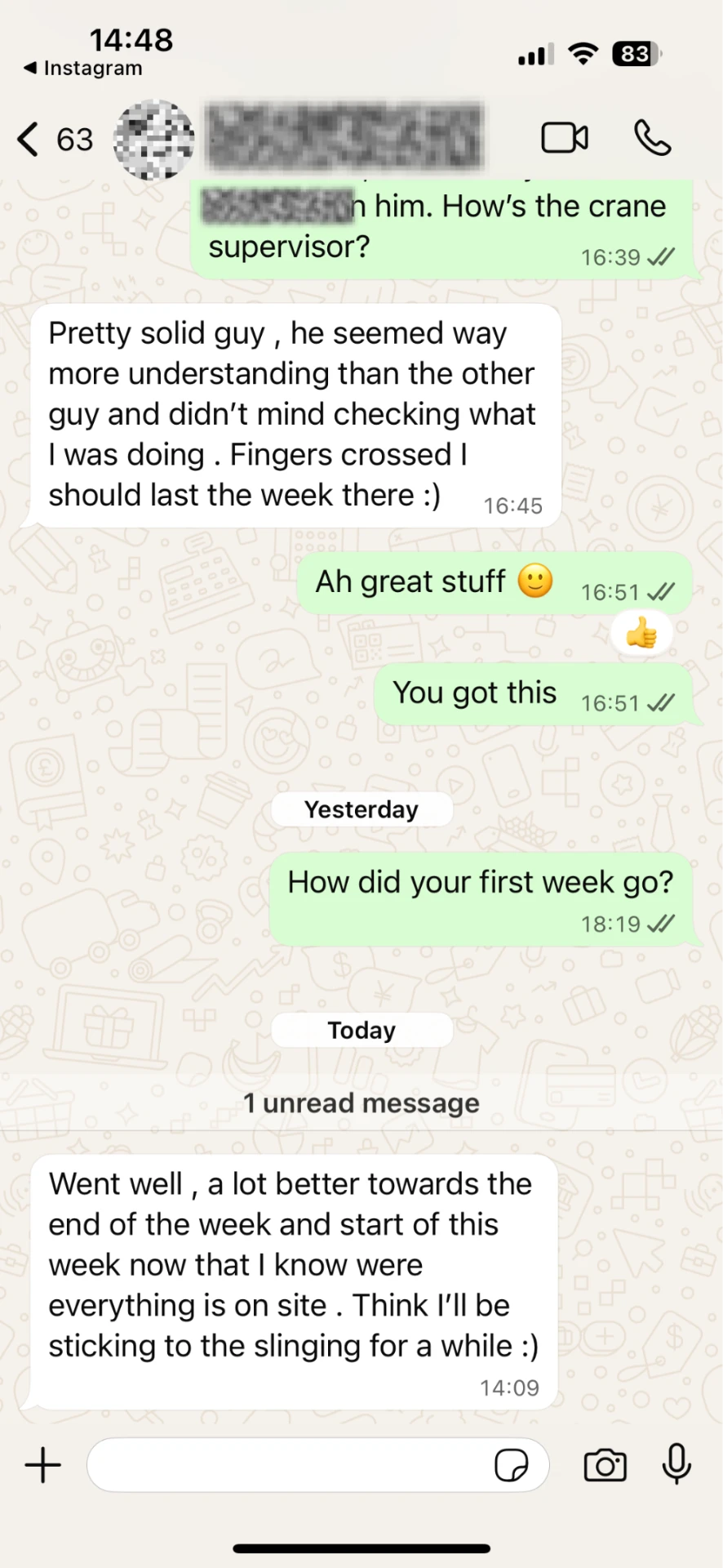WhatsApp conversation with a student describing how his first week of slinging went