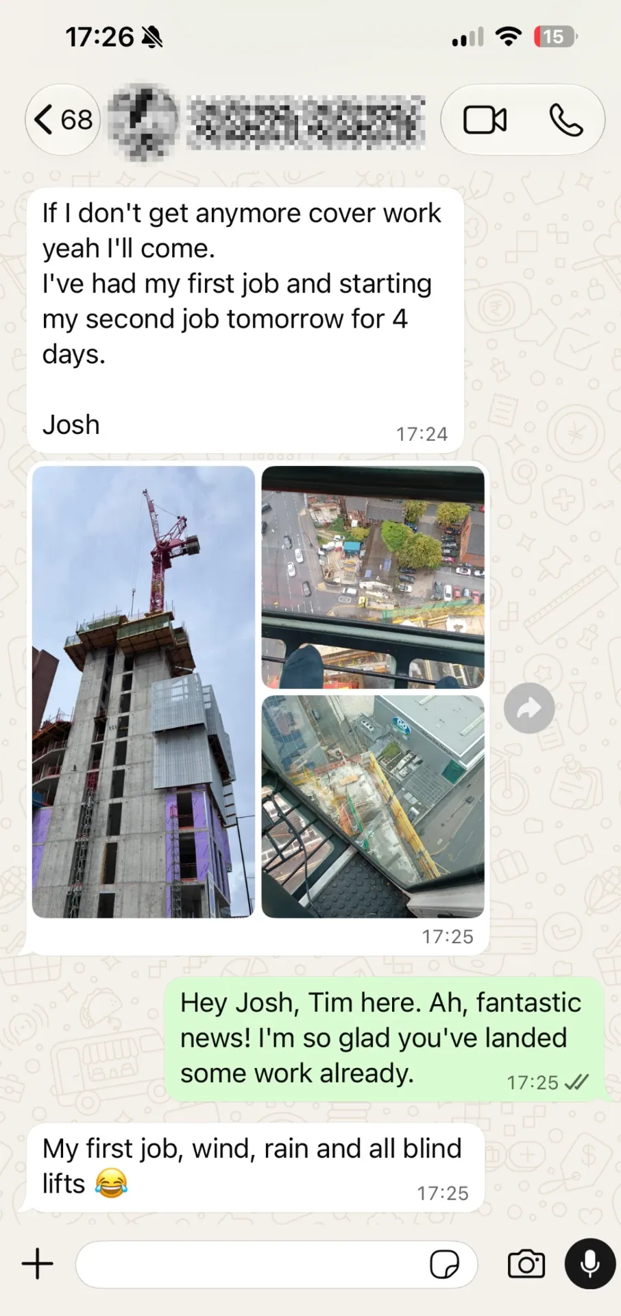 WhatsApp screenshot where a student shares photos from his first tower crane job