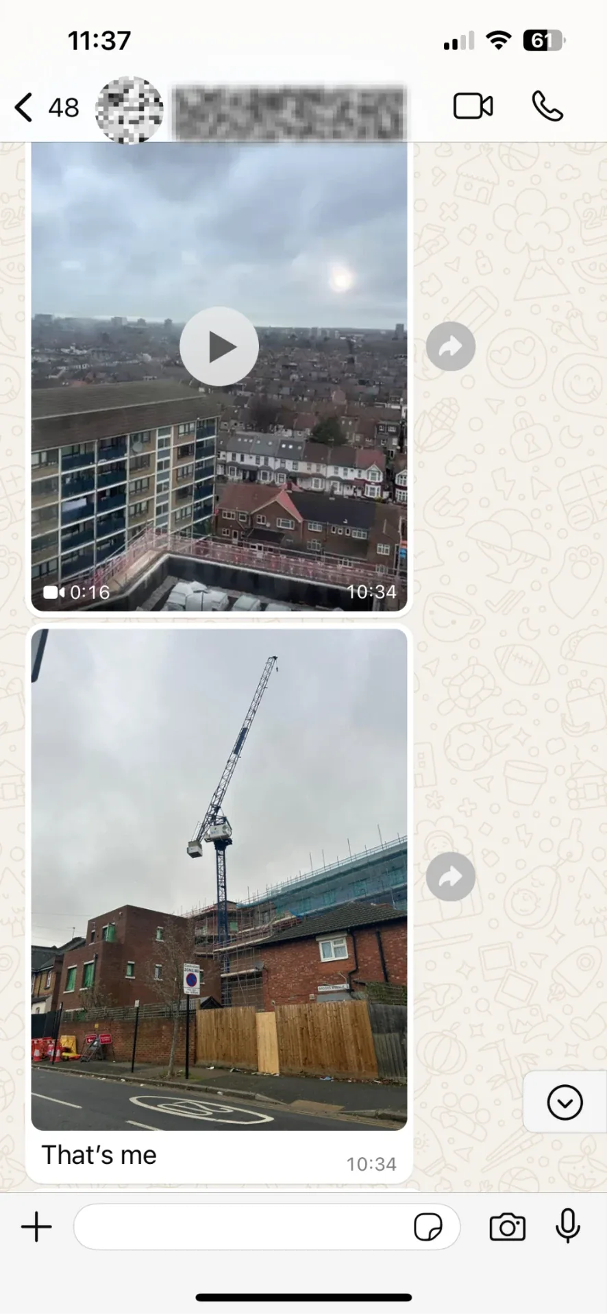 WhatsApp screenshot with photos and a video sent from a student's tower crane site