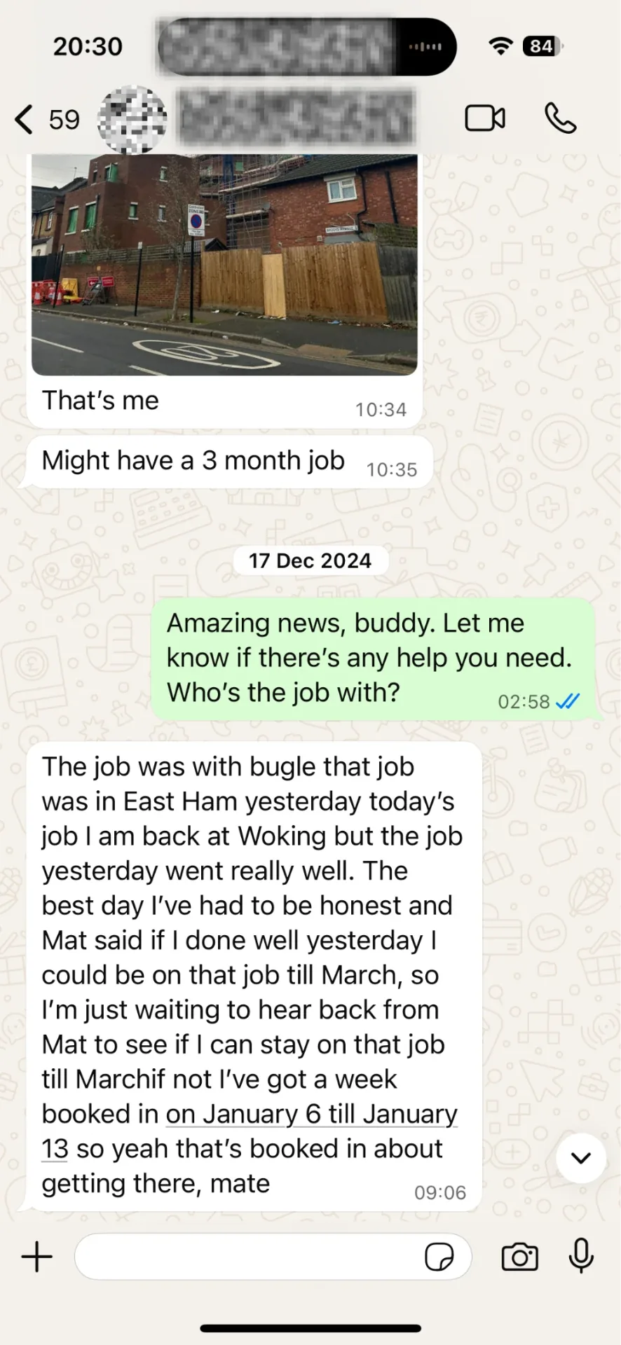 Continued WhatsApp conversation where the student explains the job he picked up and the weeks he has booked in
