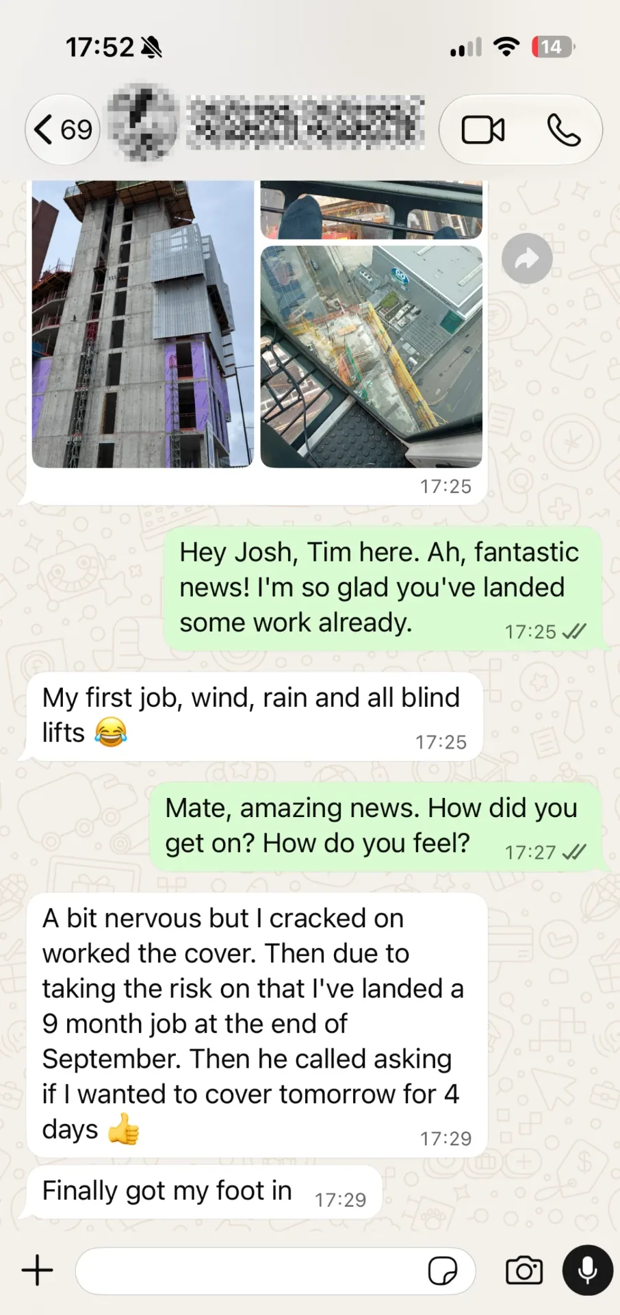 Continued WhatsApp conversation where the student describes landing a nine month job