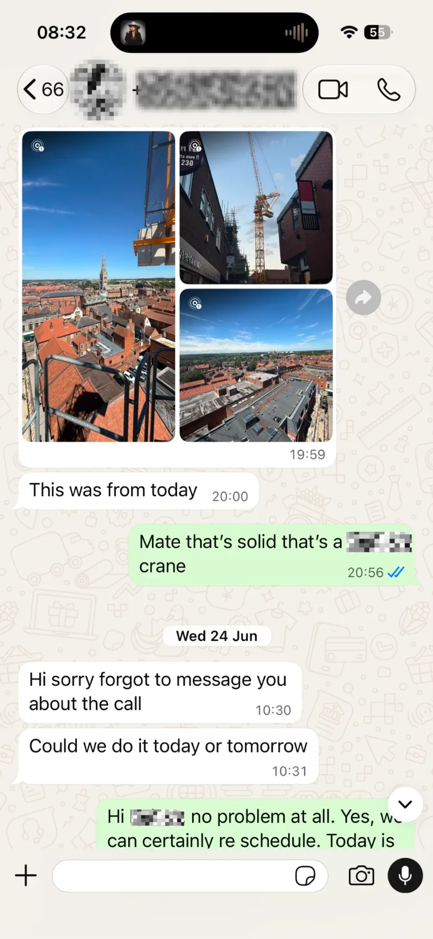 WhatsApp photos taken from a tower crane looking over city rooftops