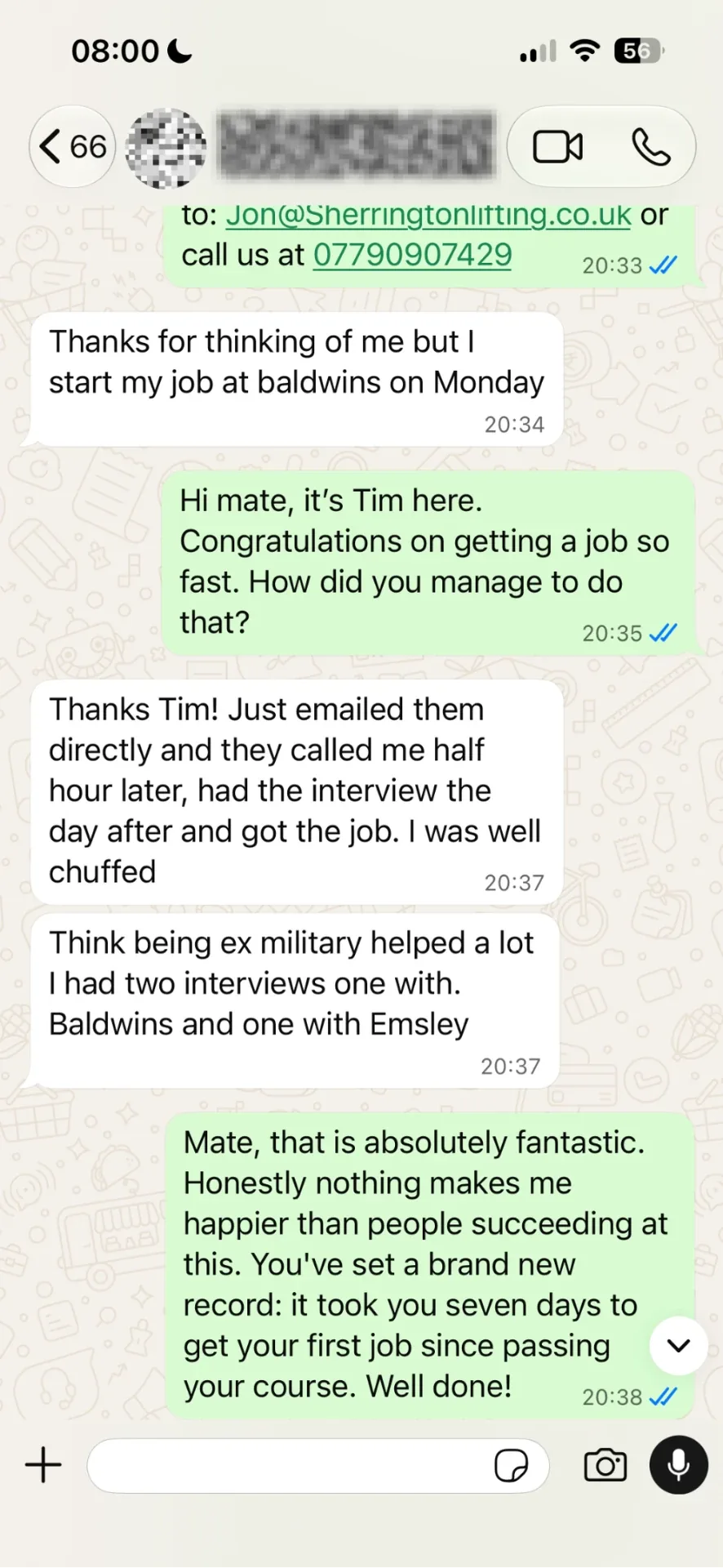 Continued WhatsApp conversation where the student says he got a job seven days after passing his course
